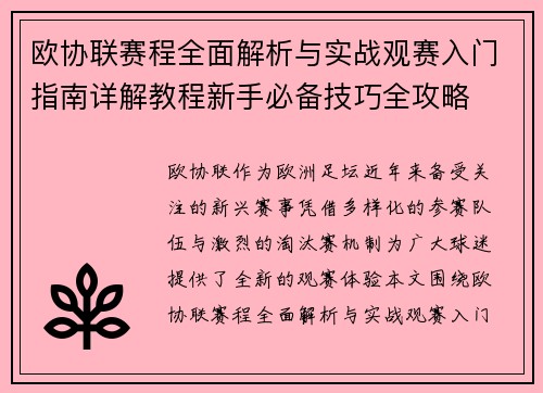 欧协联赛程全面解析与实战观赛入门指南详解教程新手必备技巧全攻略